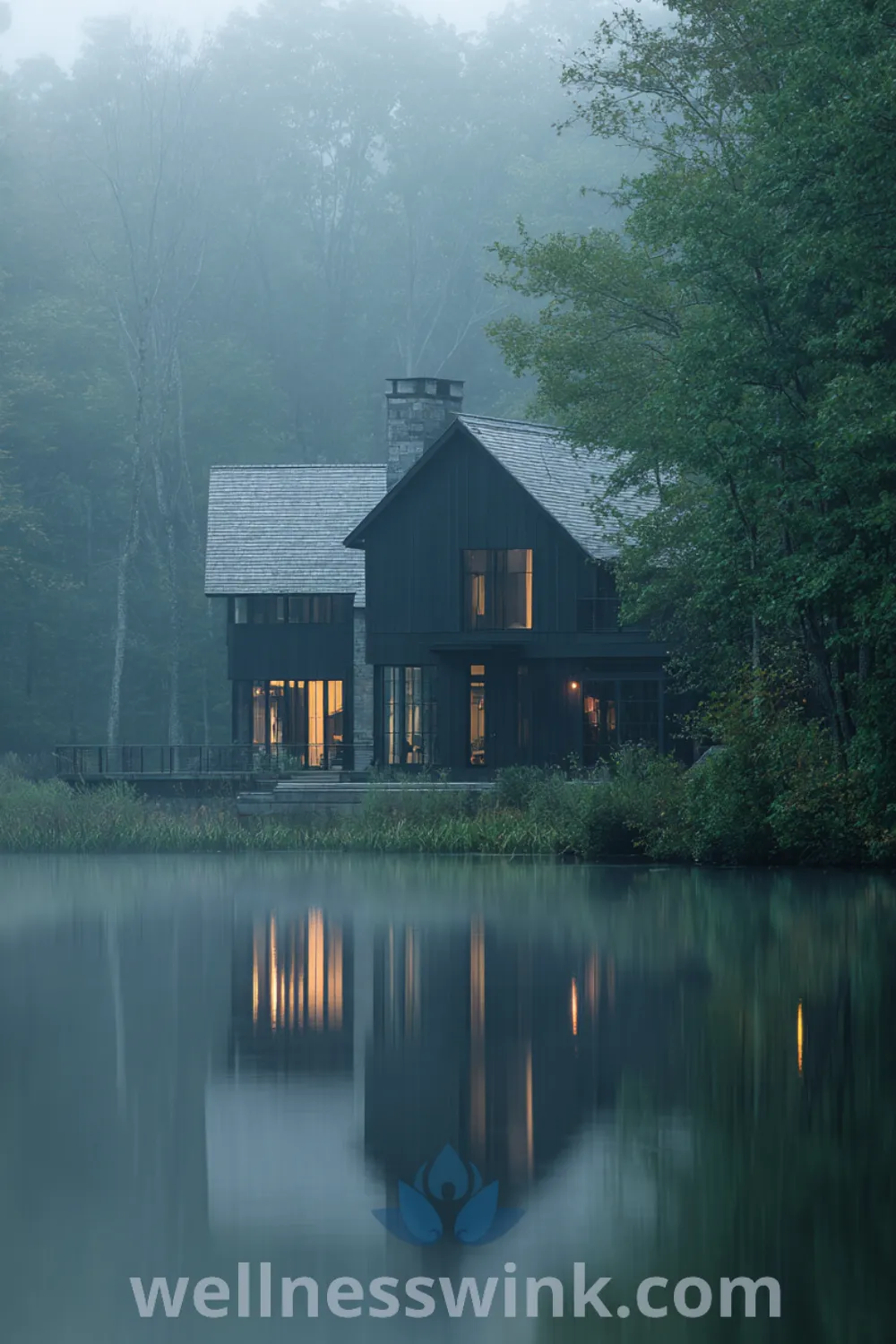 Modern barn lakehouse with dark wood siding, tall windows, and serene lakefront setting featuring barn style lake house design.