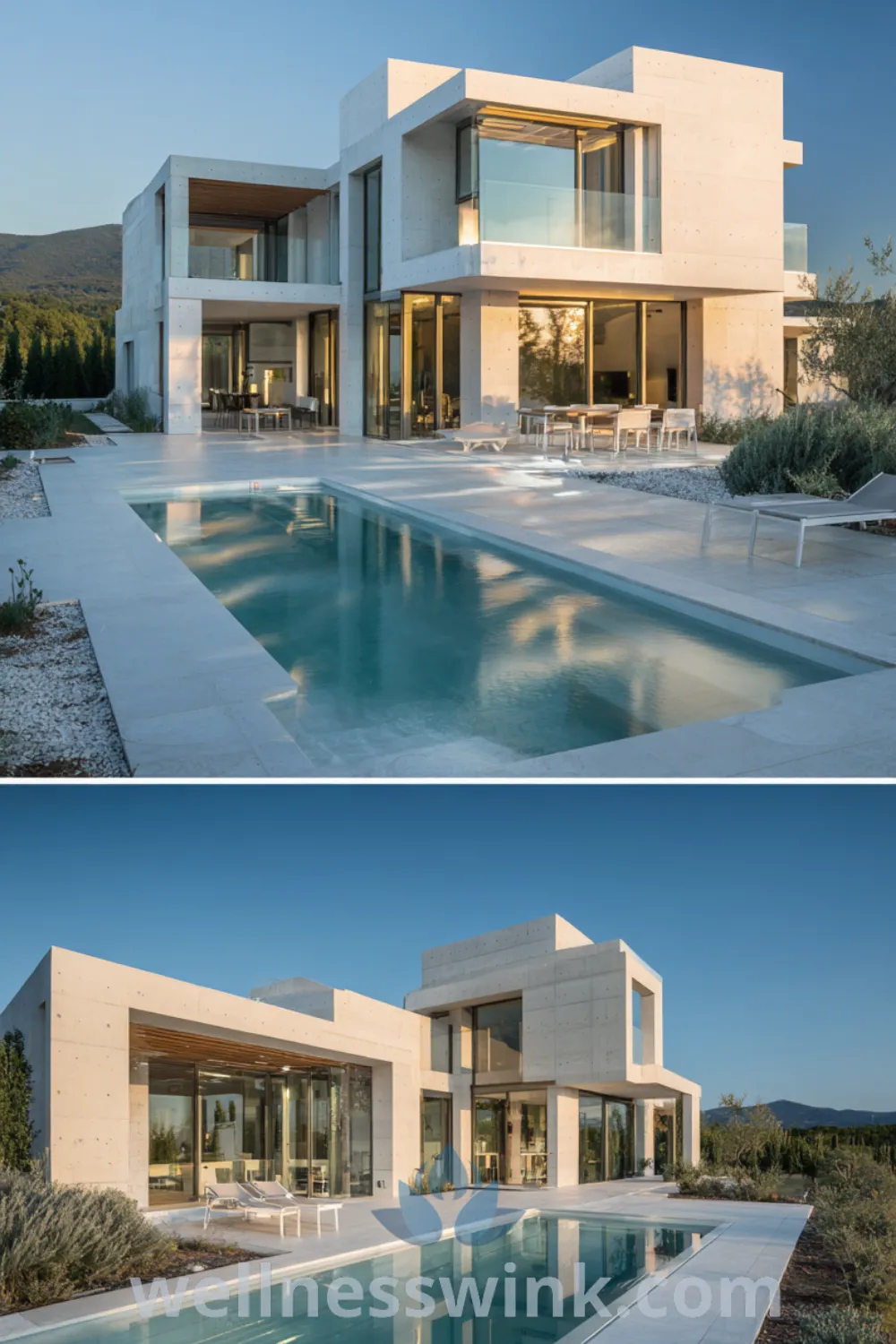 Modern farmhouse style house with light concrete facade, infinity pool, large glass walls, and sleek lines exterior.