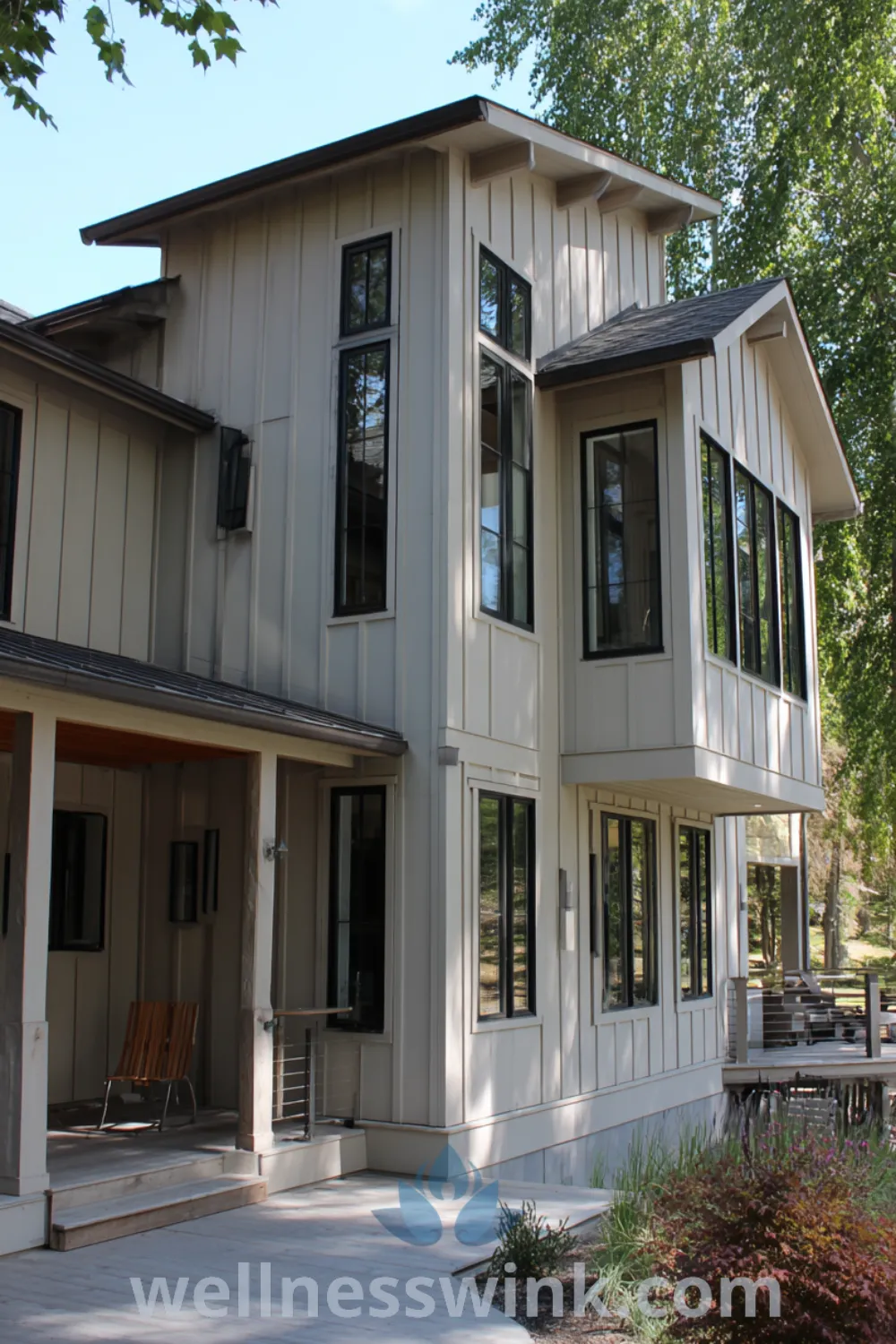 Modern barn lakehouse with wrap-around deck, large windows, board and batten siding, and lakefront barn style decor.