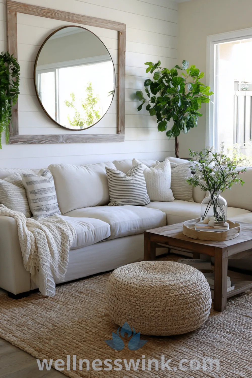 Bright living room featuring oversized sectional sofa, jute rug, and shiplap walls in modern farmhouse decor, minimalist farmhouse decor, and rustic modern living room.