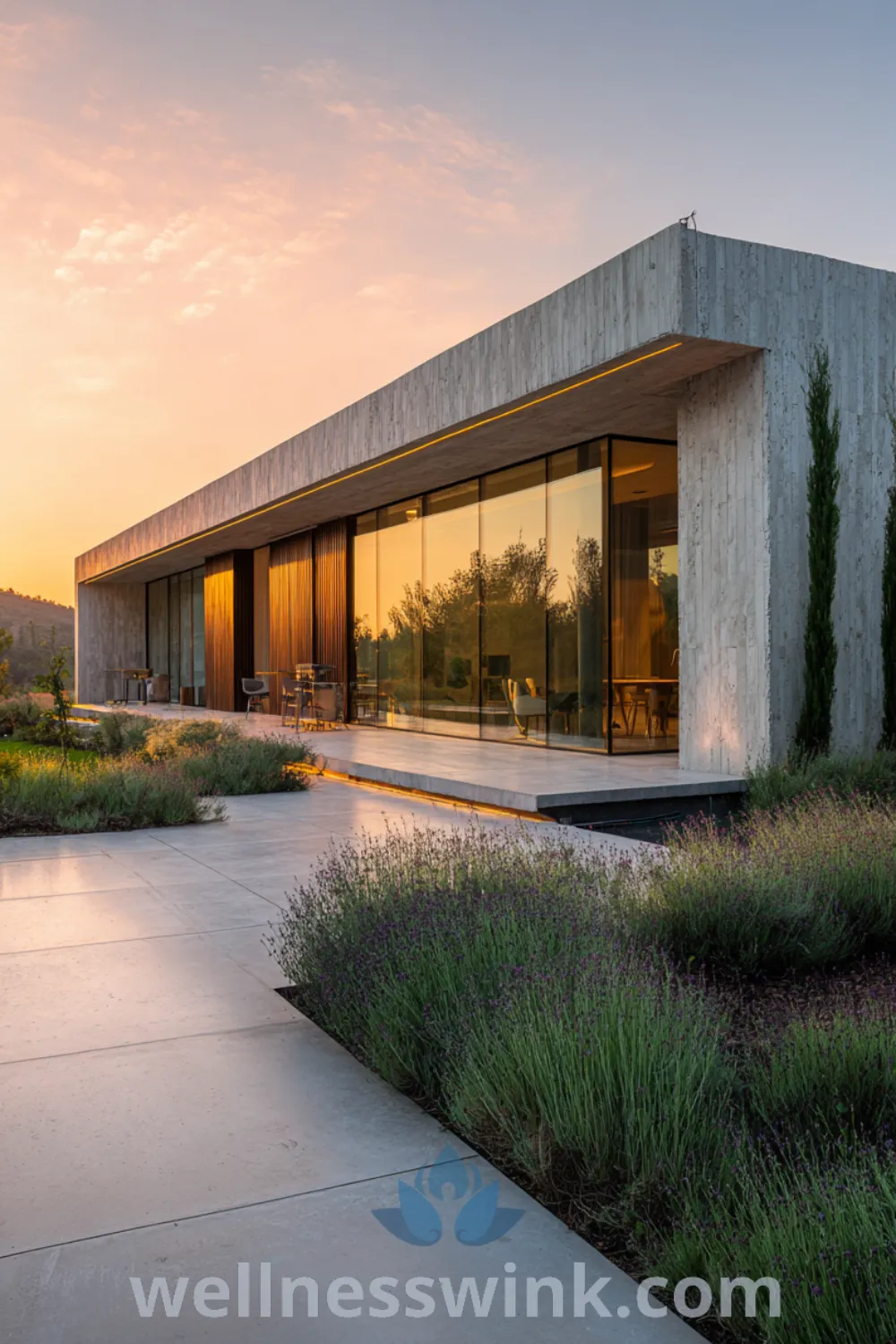 Modern farmhouse style house with large glass walls, sleek design, and concrete exterior blending in a natural environment.