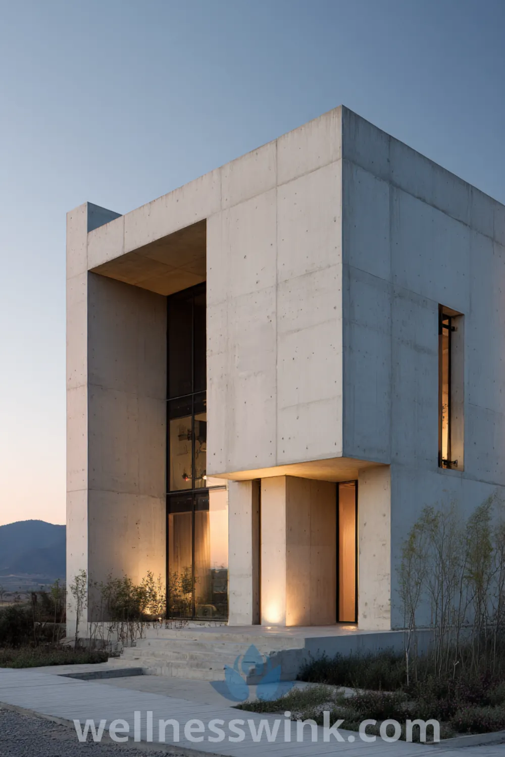 Minimalist house with raw concrete exterior, expansive glass panes, and luxury modern house features in a manicured landscape.