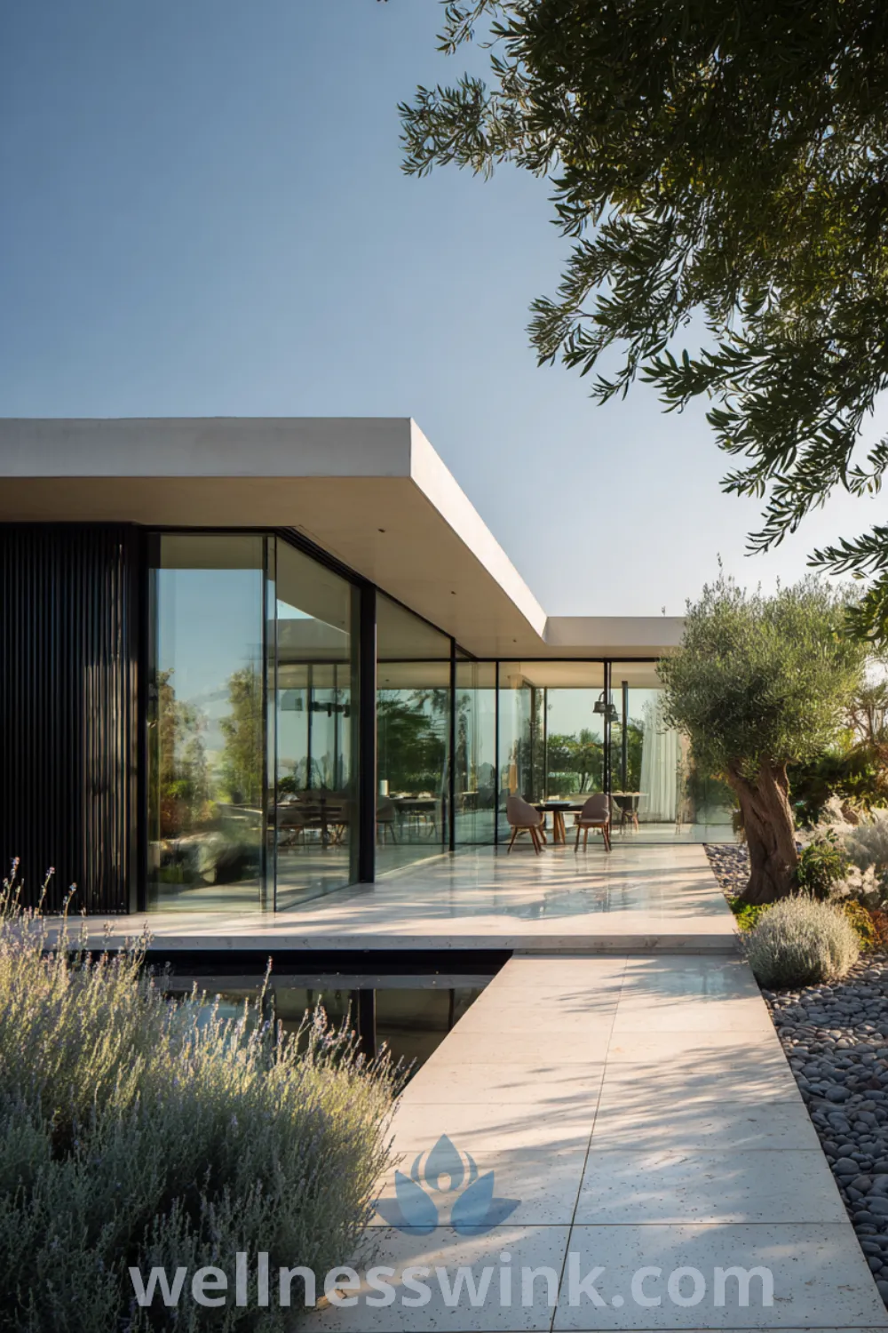 Airy modern farmhouse with flat roof, large glass walls, and integrated lighting in a natural environment.