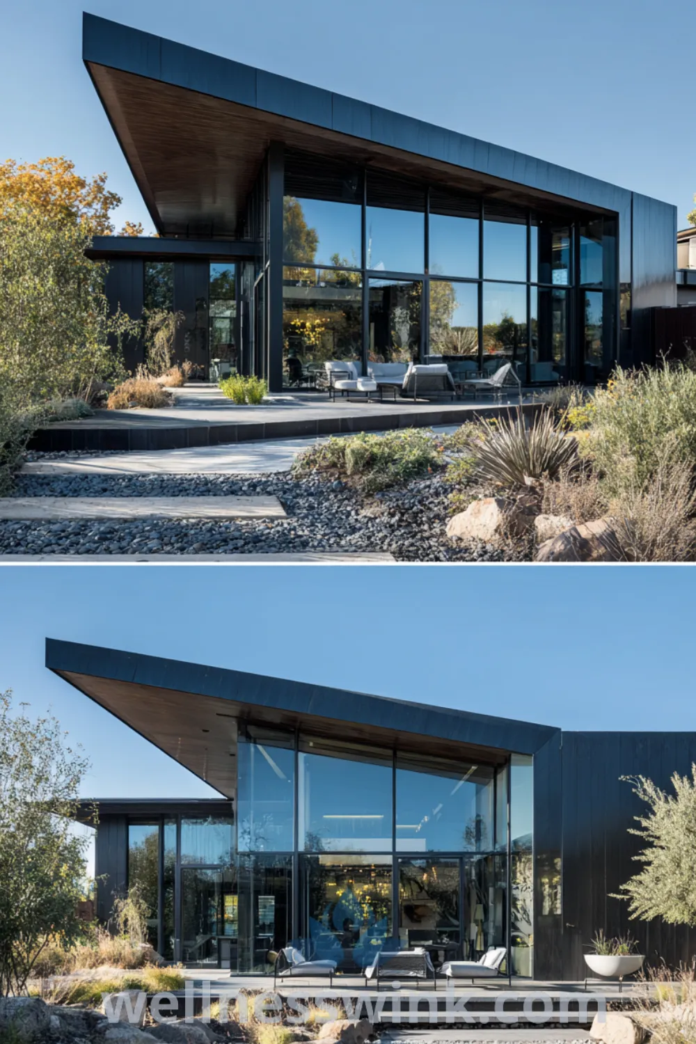 Modern farmhouse style with dark metal panels, floor-to-ceiling windows, and clean lines exterior features for a luxury modern house.