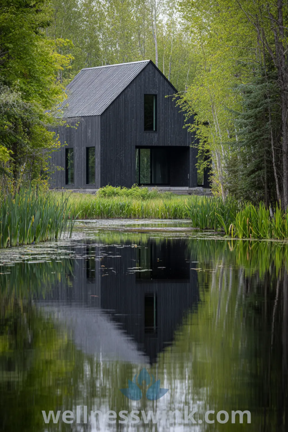 Modern barn lakehouse with tranquil waters, black barn siding, spacious lake exterior, and large sliding barn doors.