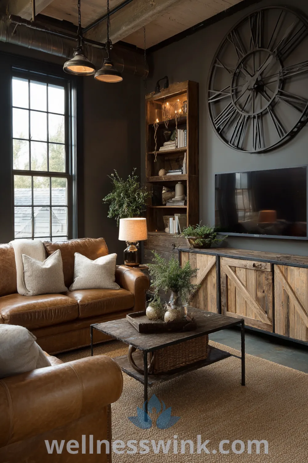 Living room with cozy jute rug, reclaimed wood media console, and modern farmhouse living room decor elements like oversized sectional sofas and soft textures.