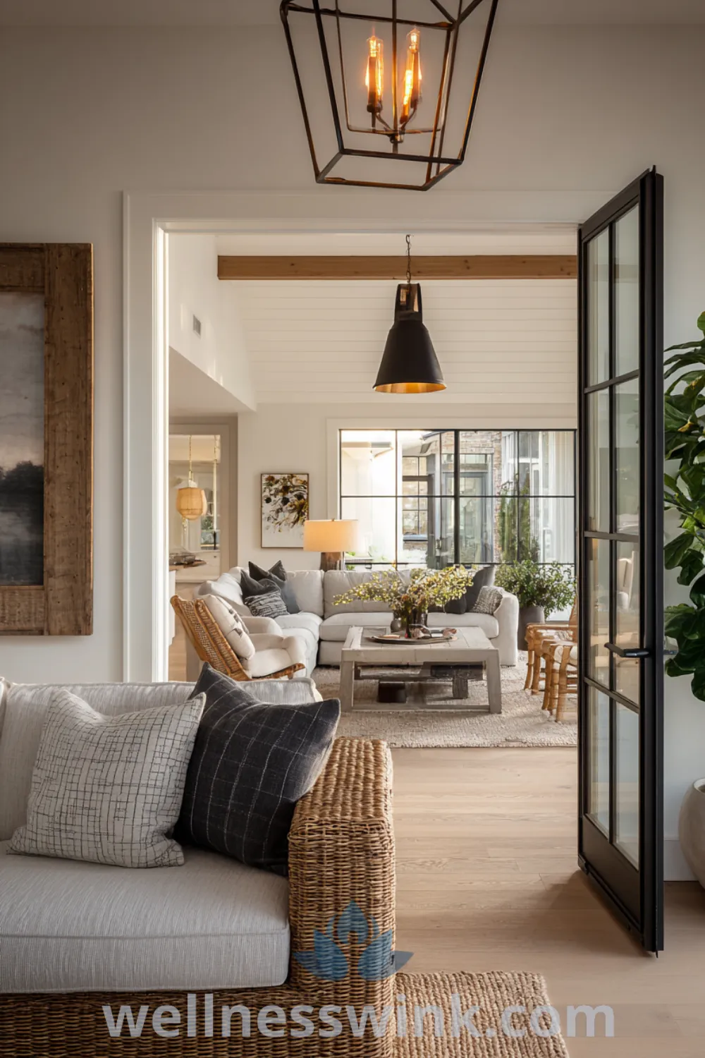 Modern farmhouse living room with warm ambient light, cozy jute rug, reclaimed wood coffee table, and minimalist decor accents.