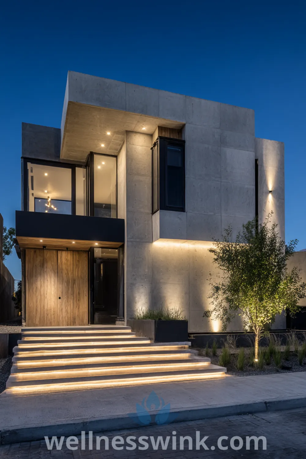 Striking modern house facade with concrete and light wood, featuring geometric shapes, integrated lighting, and an inviting suburban modern house design.