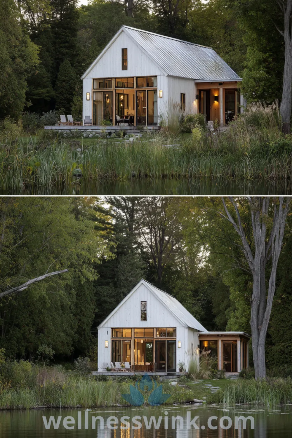 Compact modern barn lakehouse with light wood accents, tall windows, lean-to addition, and cozy lakefront features.
