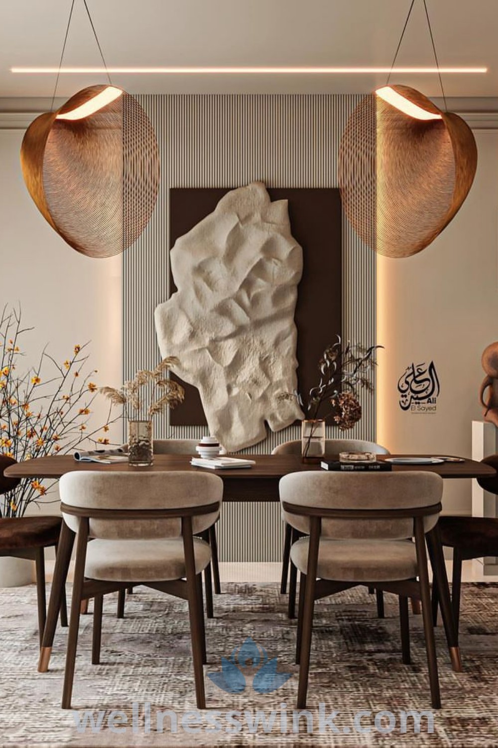 A minimalist Wabi Sabi dining room with modern chairs, artwork, and elegant design elements that create a cozy and inviting atmosphere. Perfect for those seeking decor ideas for their home, this space showcases unique ideas and inspiring design trends. Explore more on wellnesswink.com.