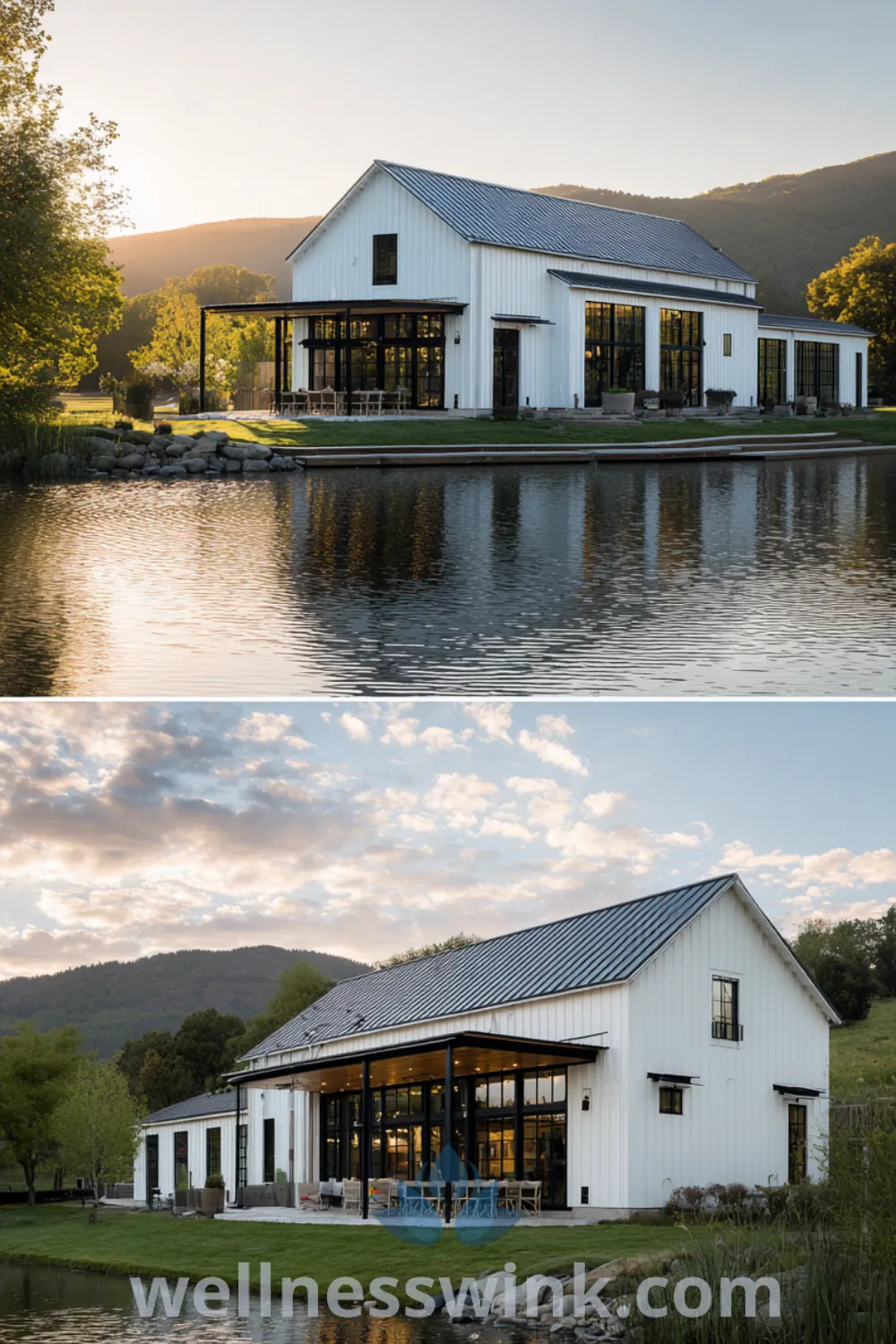 Modern barn lakehouse with clean lines, large sliding barn doors, natural wood accents, and spacious lakefront views.