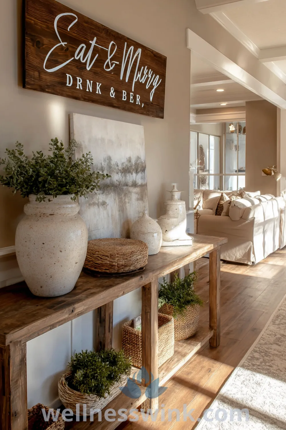 Modern farmhouse living room with oversized sectional, reclaimed wood accents, soft textures, and chic farmhouse living room decor.
