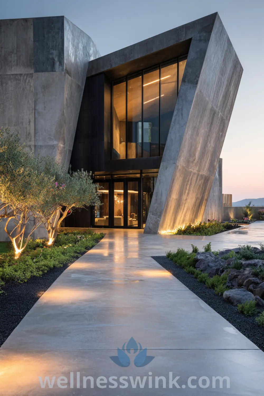 Modern house with asymmetric design, floor-to-ceiling windows, clean lines exterior, and minimalist landscaping in a manicured landscape.