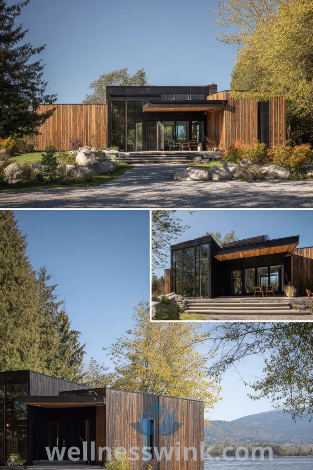 Modern barn lakehouse with natural wood siding, tall windows, and a wrap-around deck near open water and serene lakefront.