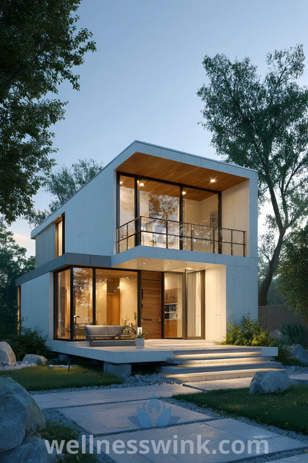 Compact modern house featuring large glass walls, neutral color palette, integrated balcony, and architectural modern house design.