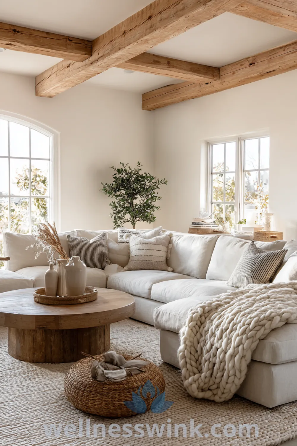 Modern farmhouse living room with oversized sectional sofa, chunky knit throw, jute rug, and simple greenery decor elements.