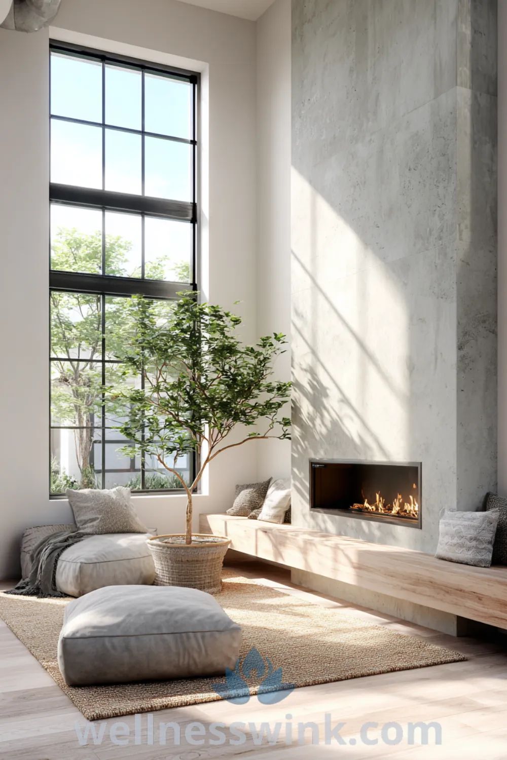 Bright living room with a sleek linear fireplace, jute rug, ficus tree, and modern farmhouse living room decor accents.