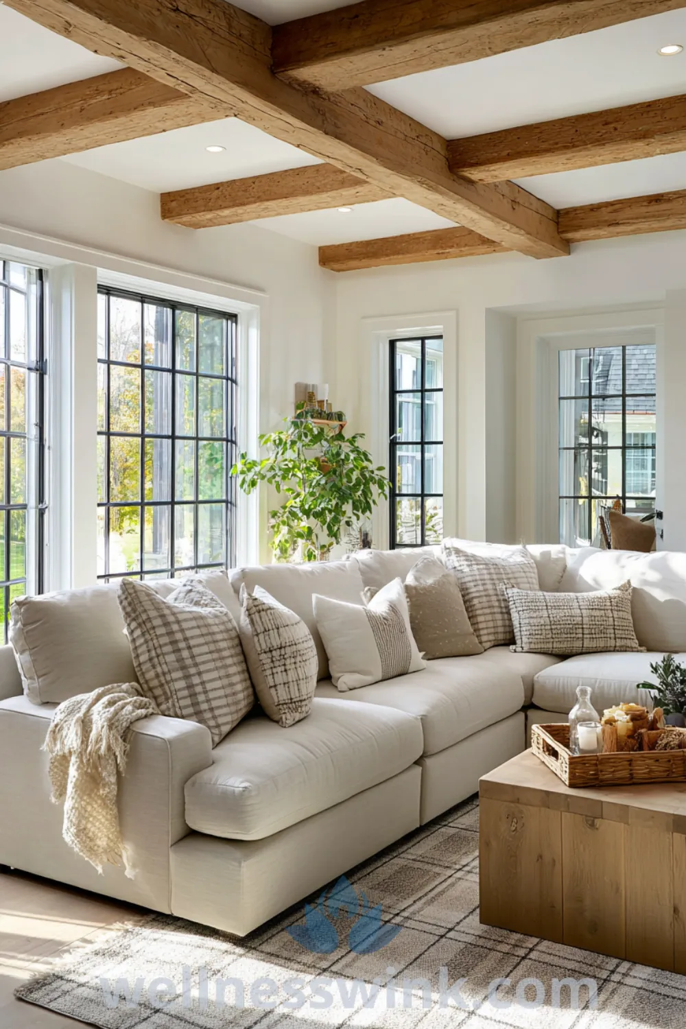 Airy modern farmhouse living room with oversized sectional sofa, exposed wooden beams, cozy rug, and neutral decor accents.
