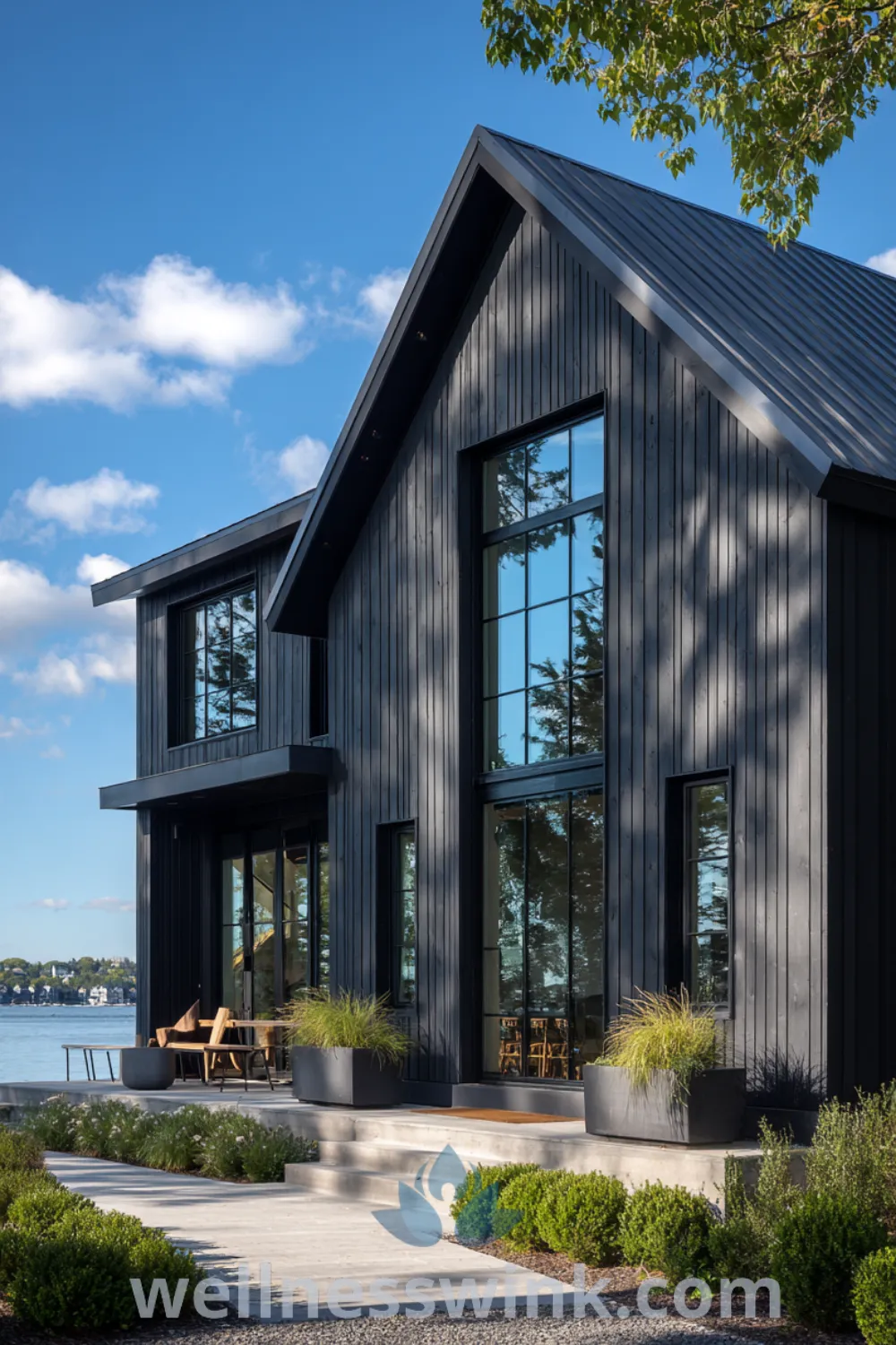 Modern barn lakehouse with gabled roof, tall windows, black barn siding, and inviting lakeside view features.