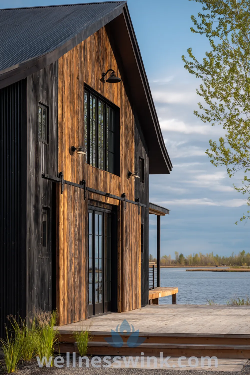 Modern barn lakehouse with black barn siding, large sliding barn doors, and rustic charm by the lake.