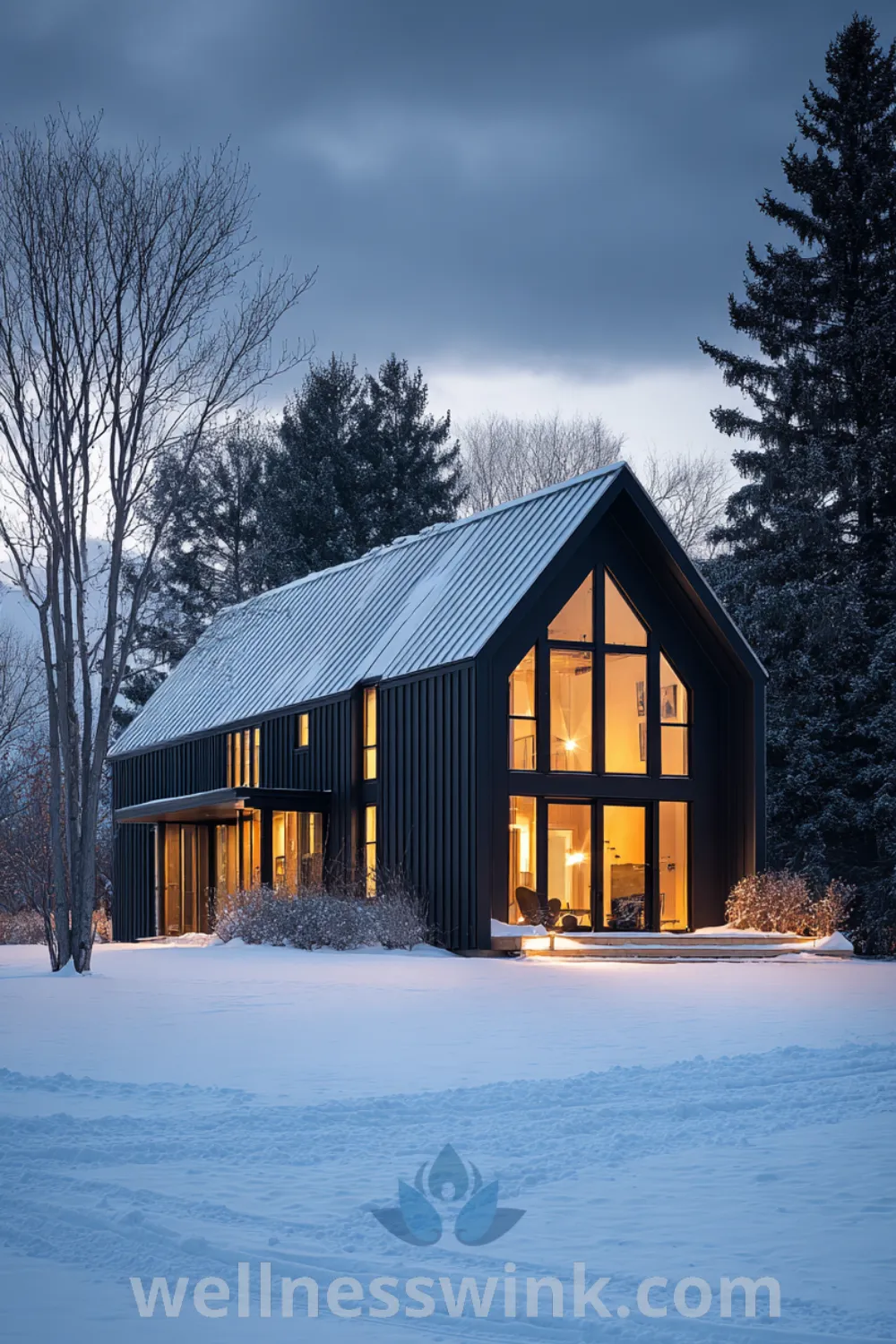 Modern barn lakehouse with dark barn siding, tall windows, and a cozy winter landscape overlooking a snowy lake.