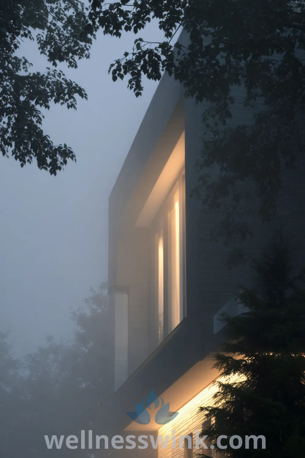 Modern farmhouse style house with clean lines, large glass walls, minimalist landscaping, and atmospheric mist.