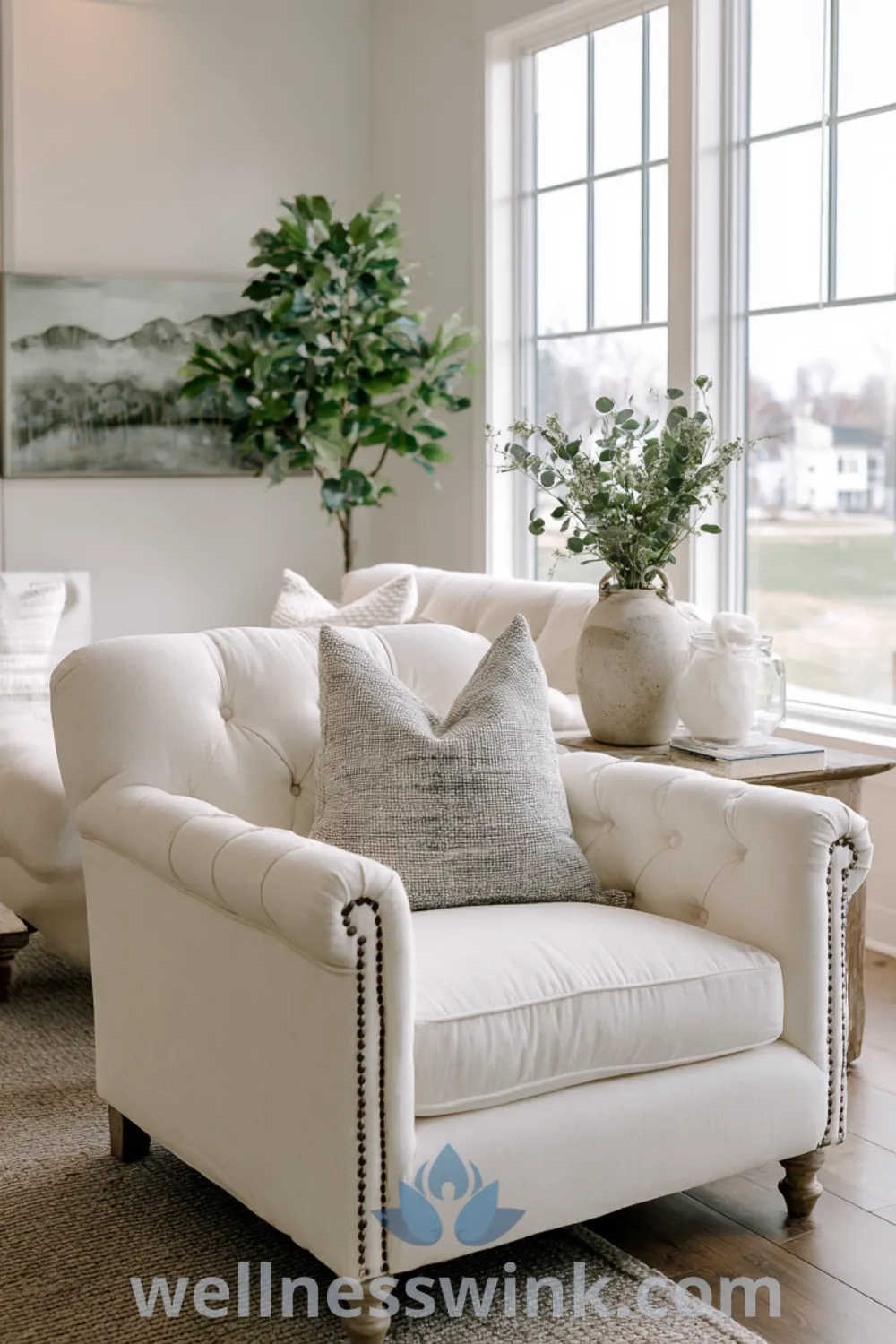 Chic modern farmhouse living room with upholstered armchairs, cozy rug, and natural light featuring contemporary farmhouse decor, inviting living space, and warm neutrals.