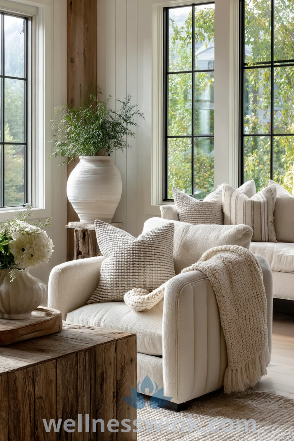 Chic modern farmhouse living room decor featuring upholstered armchairs, reclaimed wood coffee table, and warm neutrals.