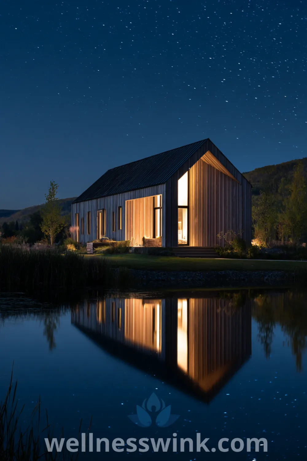 Modern barn lakehouse with vertical siding, gabled roof, dock access, and serene lakefront setting under a starry sky.