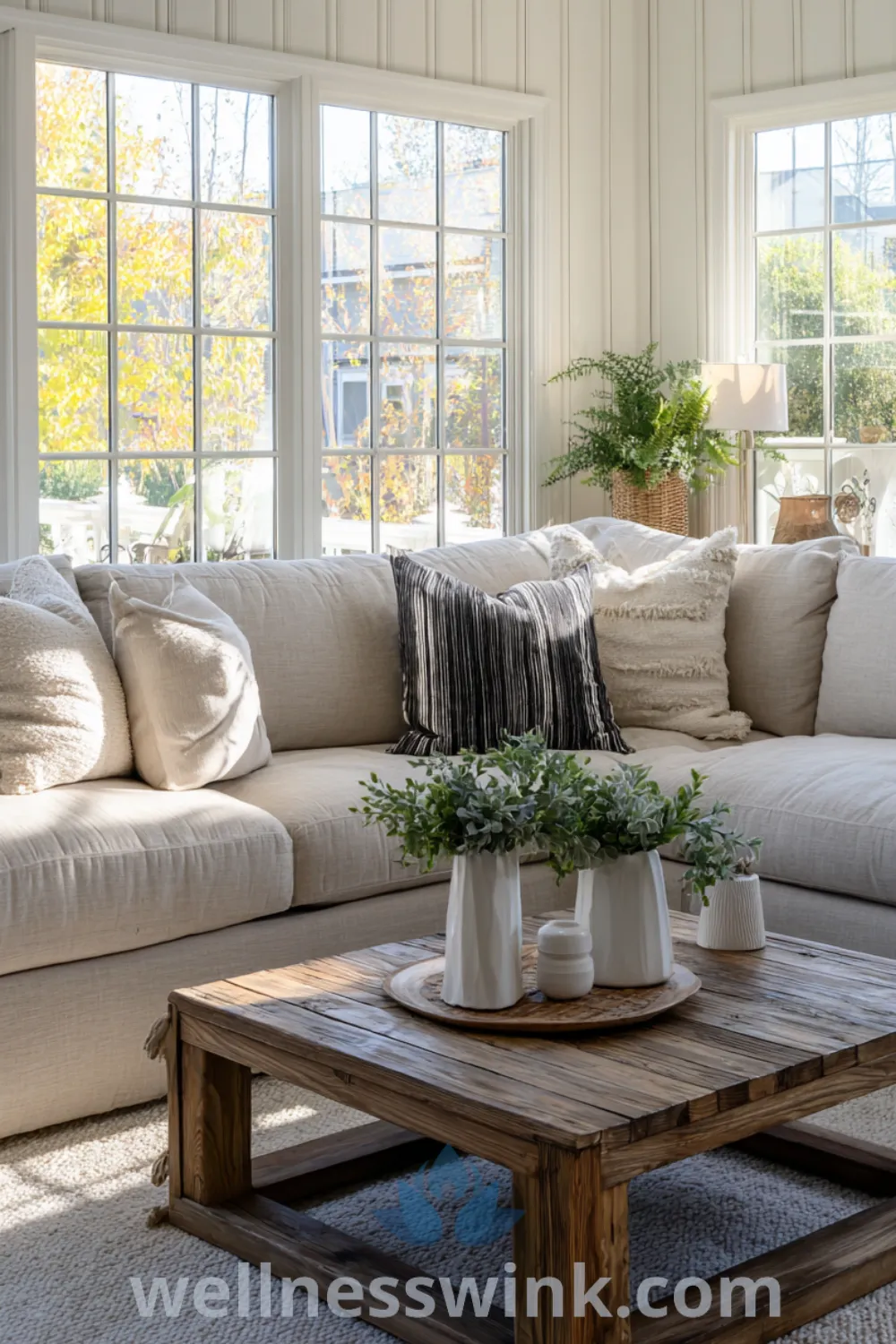 Modern farmhouse living room with white shiplap walls, oversized sectional sofa, reclaimed wood coffee table, and minimalist decor accents.