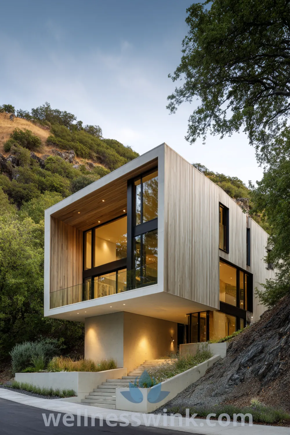 Contemporary house with cantilevered section, large glass walls, and light wood cladding in natural environment integration.