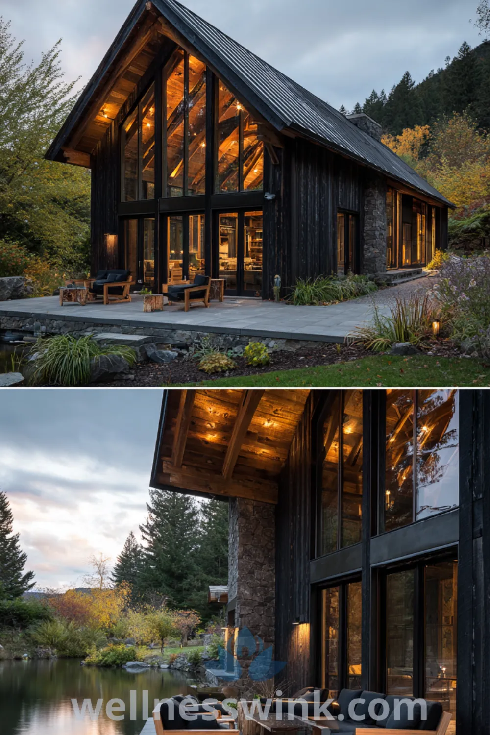Modern barn lakehouse with dark wood siding, exposed timber frame, lakefront setting, and airy design elements.