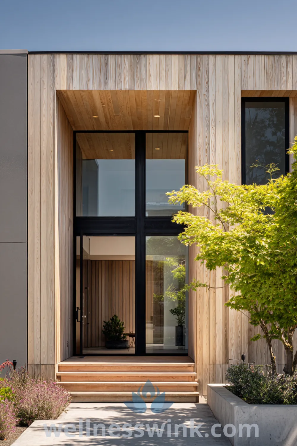Modern farmhouse entrance featuring light wood cladding, large glass walls, clean lines exterior, and a cozy atmosphere.