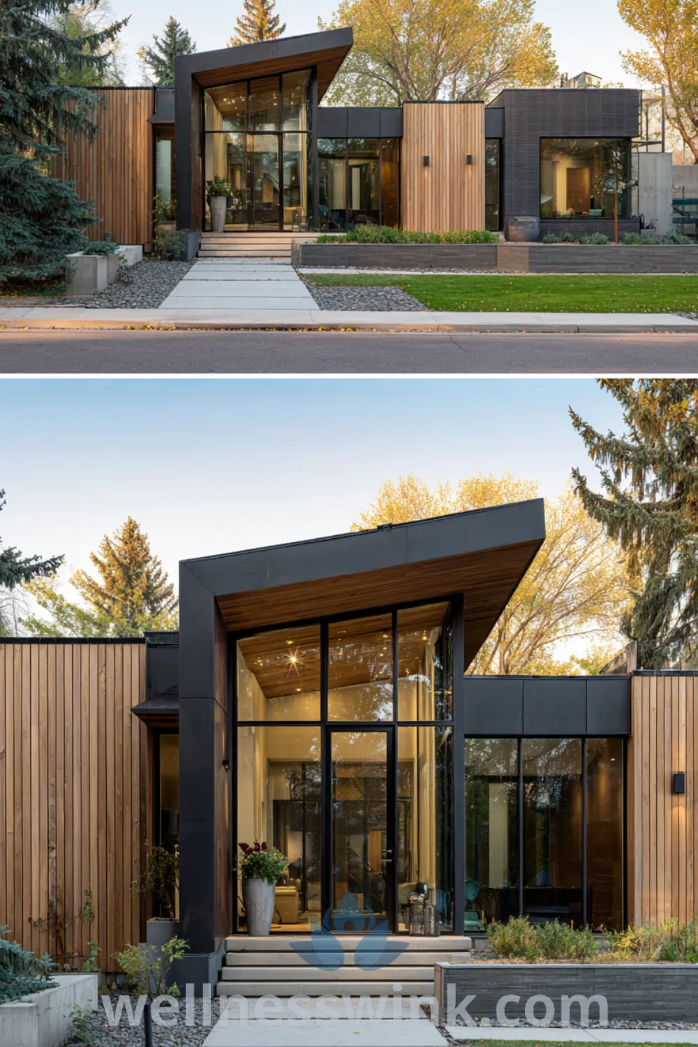 Modern farmhouse with sleek lines, large glass walls, dark metal panels, and airy modern house exterior in a manicured landscape.
