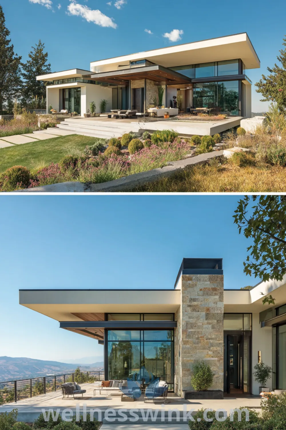 Luxurious modern house with expansive terraces, sleek modern house features, large glass walls, and minimalist landscaping.
