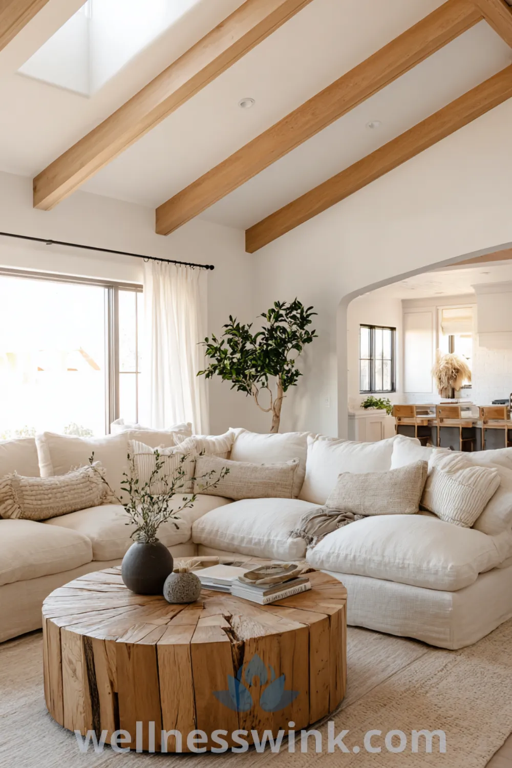 Cozy modern farmhouse living room with oversized sectional, reclaimed wood coffee table, and minimalist decor accents, featuring warm neutrals and simple greenery.