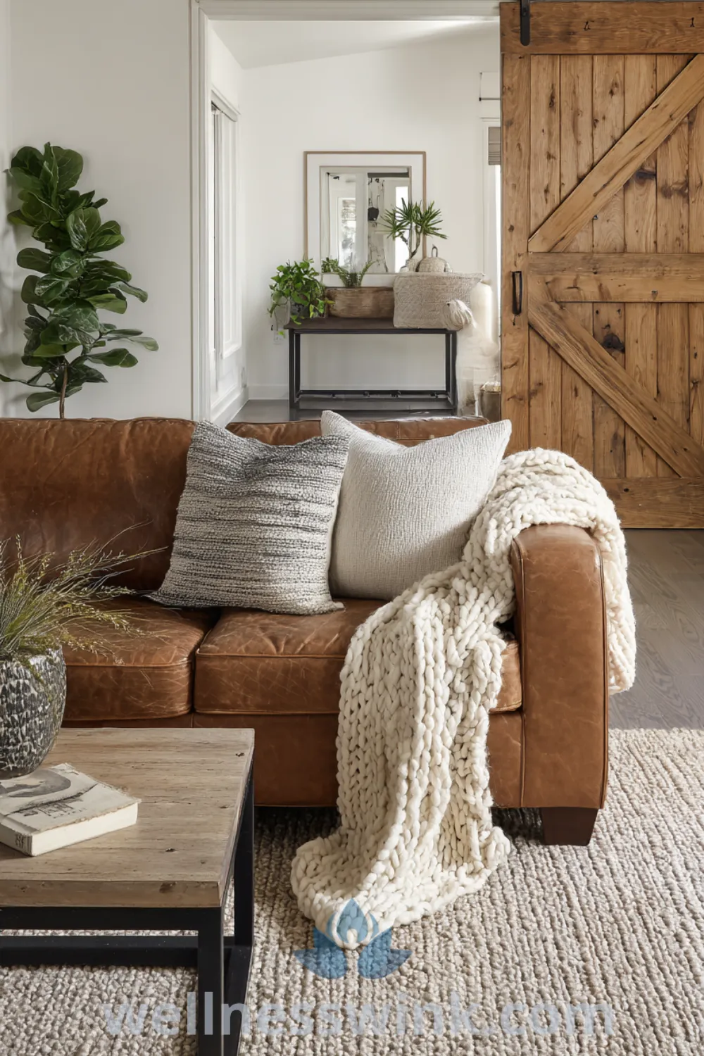 Modern farmhouse living room with distressed leather sofa, jute rug, shiplap walls, and minimalist farmhouse decor accents.