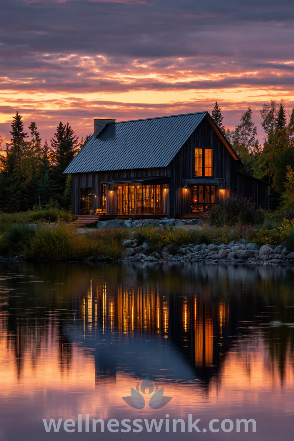 Grand lakefront barn house with glass walls, dark wood siding, large sliding barn doors, and modern barn lakehouse elements.