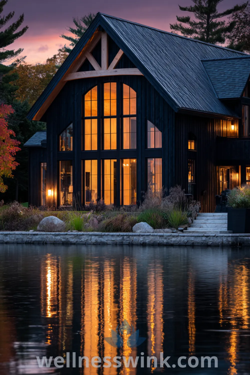 Twilight scene of a luxury barn conversion lakehouse with exposed timber frame, tall windows, and black barn siding by the lake.