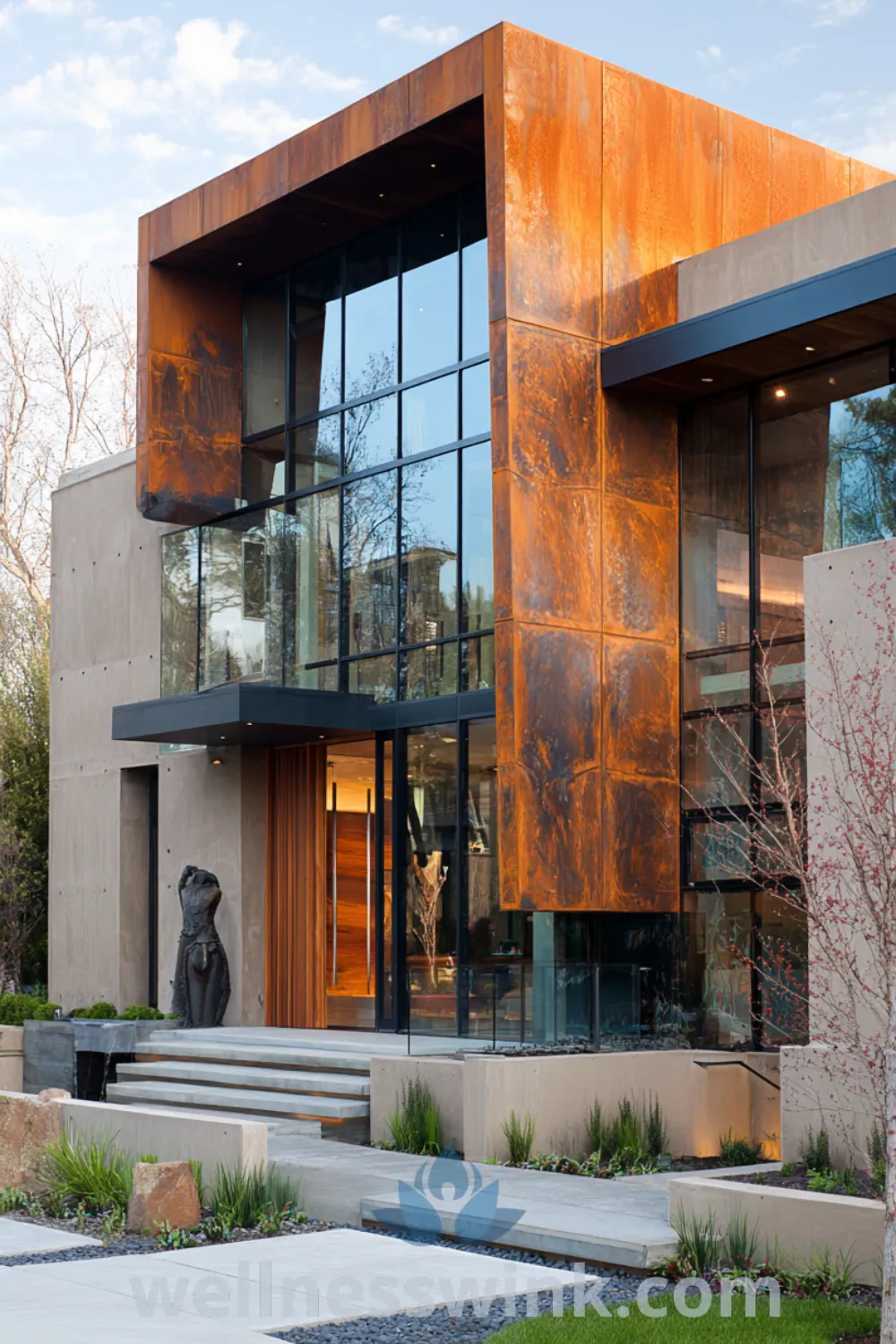 Luxury modern house with corten steel accents, large glass walls, and clean lines exterior in a manicured landscape.