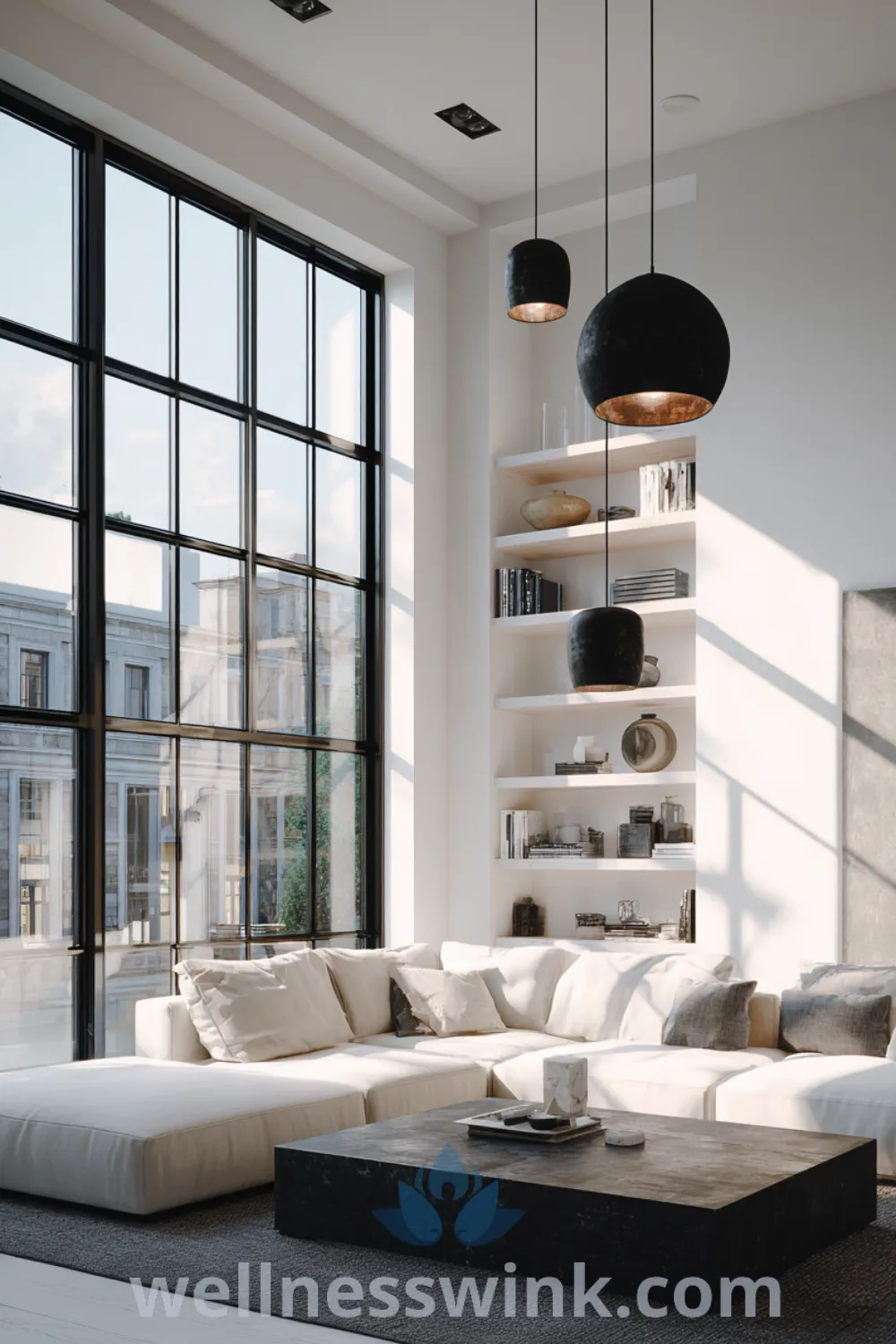 Airy living room featuring sleek black accents, oversized sectional sofa, open shelving decor, and modern farmhouse living room style.