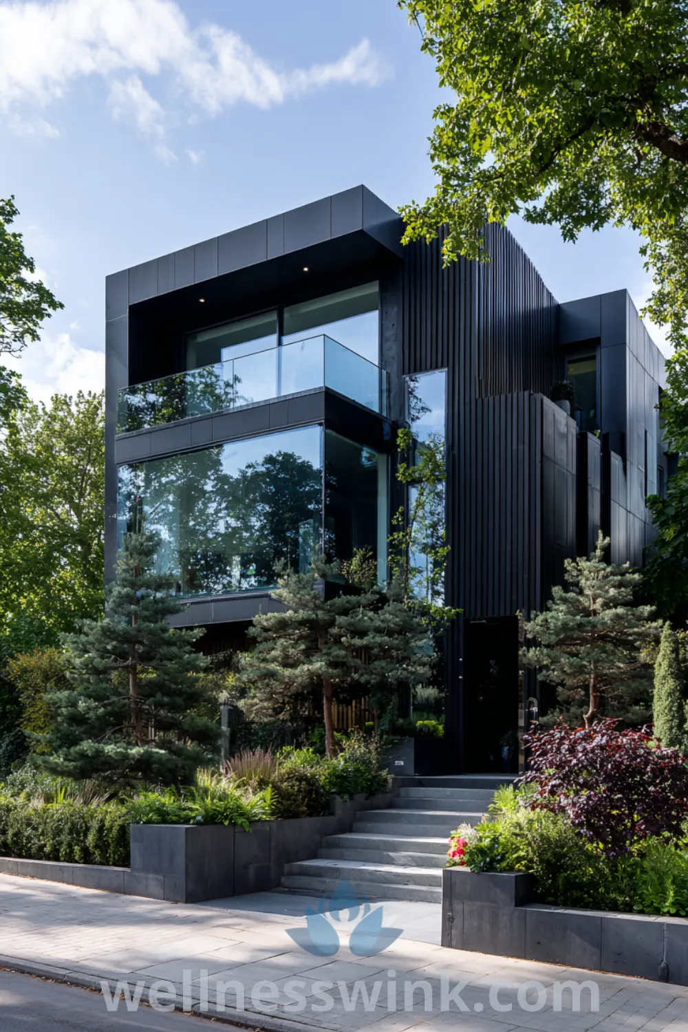 Modern farmhouse style house with geometric shapes facade, large glass walls, and dark metal panels surrounded by manicured landscape.