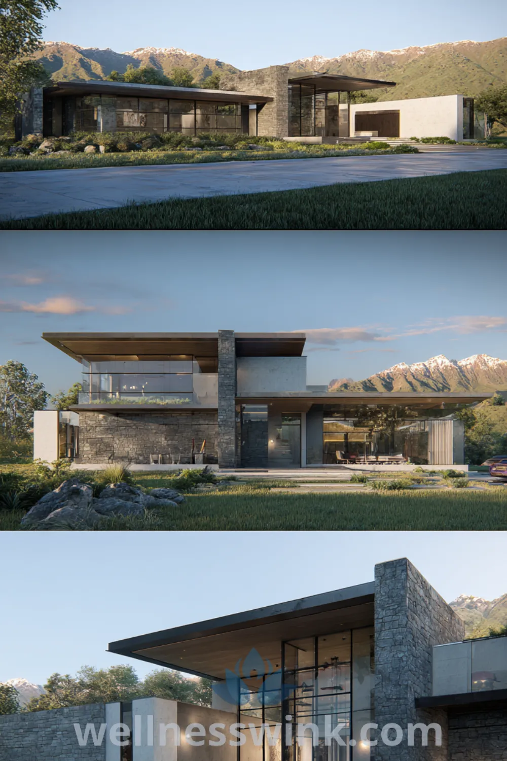 Sleek modern house with prominent overhangs, natural stone, and manicured landscape showcasing modern farmhouse style, airy modern house exterior, and architectural statement.