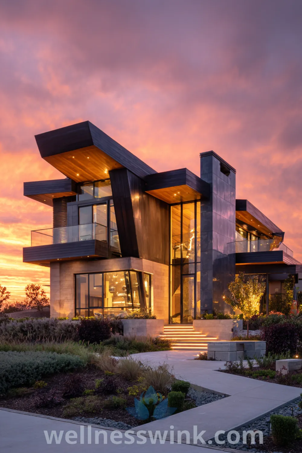 Modern farmhouse at sunset featuring a multi-level facade, prominent overhangs, geometric shapes, and a manicured landscape.