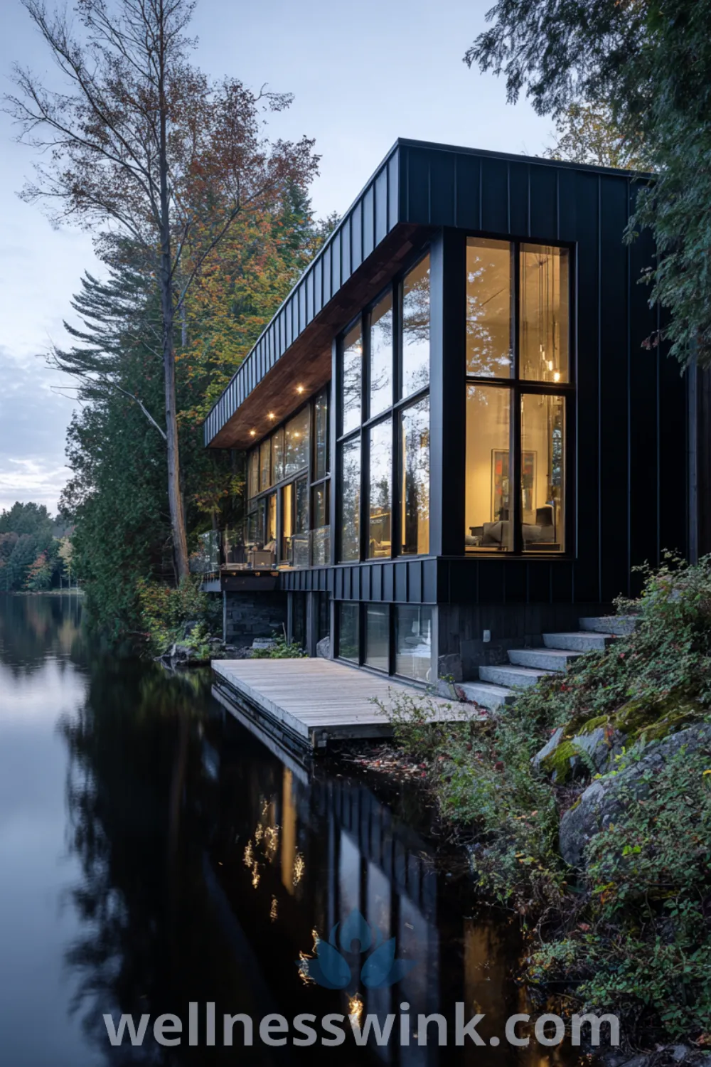 Sleek modern barn lakehouse with glass walls, dark barn siding, large sliding barn doors, and serene lakefront setting.