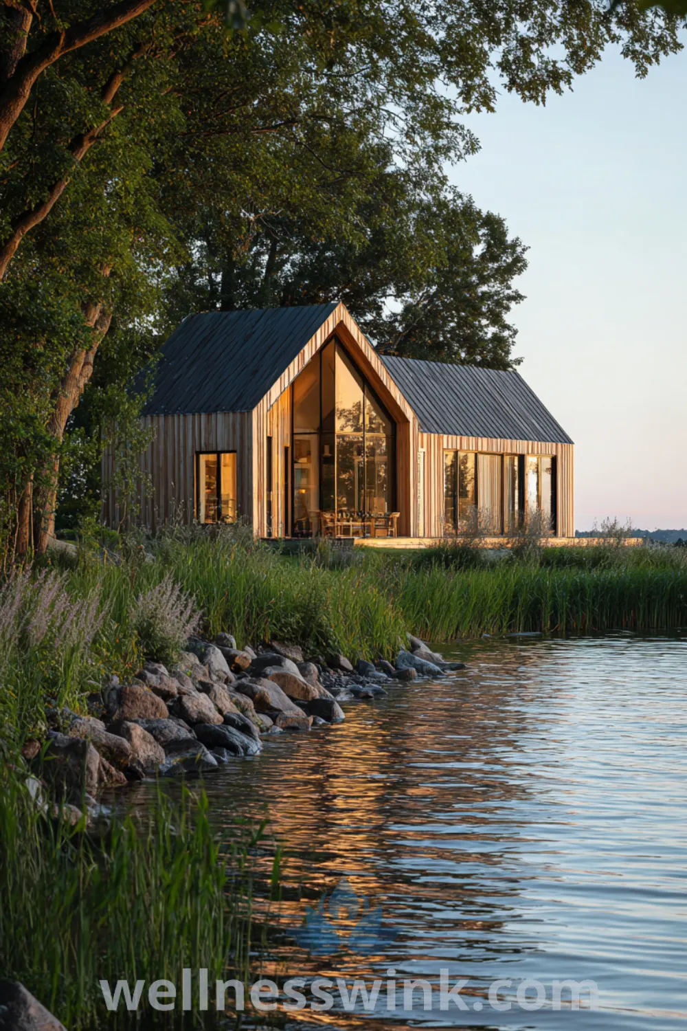 Modern barn lakehouse with natural wood exterior, tall windows lakehouse facade, dock access, and cozy airy ambiance.