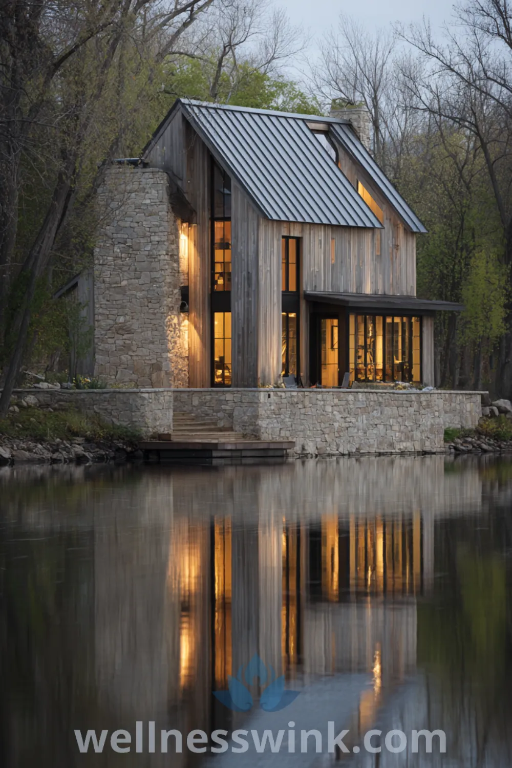 Modern barn lakehouse with stone base, tall windows, gabled roof, and cozy lakefront design elements.