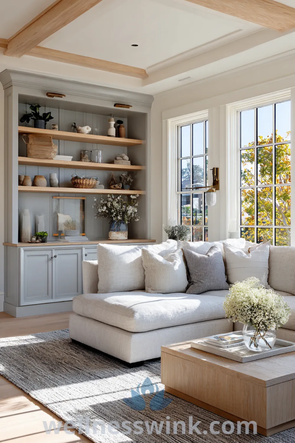 Cozy living room with oversized sectional, natural light, modern farmhouse decor, and open shelving with curated accents.