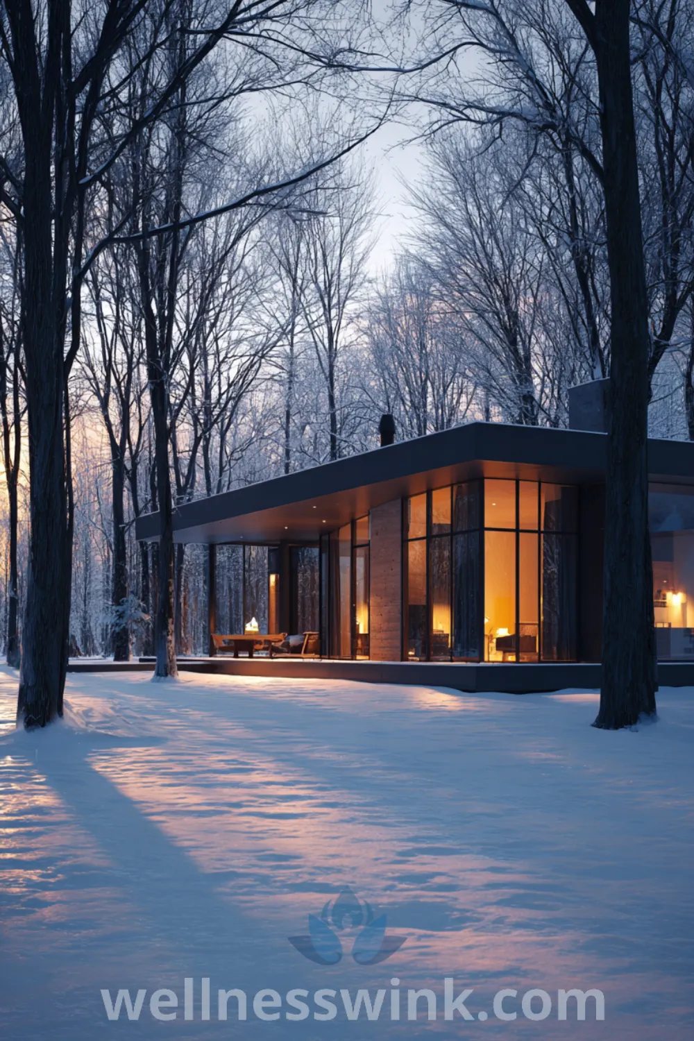 Modern farmhouse amidst winter landscape with large glass walls, dark metal facade, minimalist house design, and cozy aesthetic inspirations.