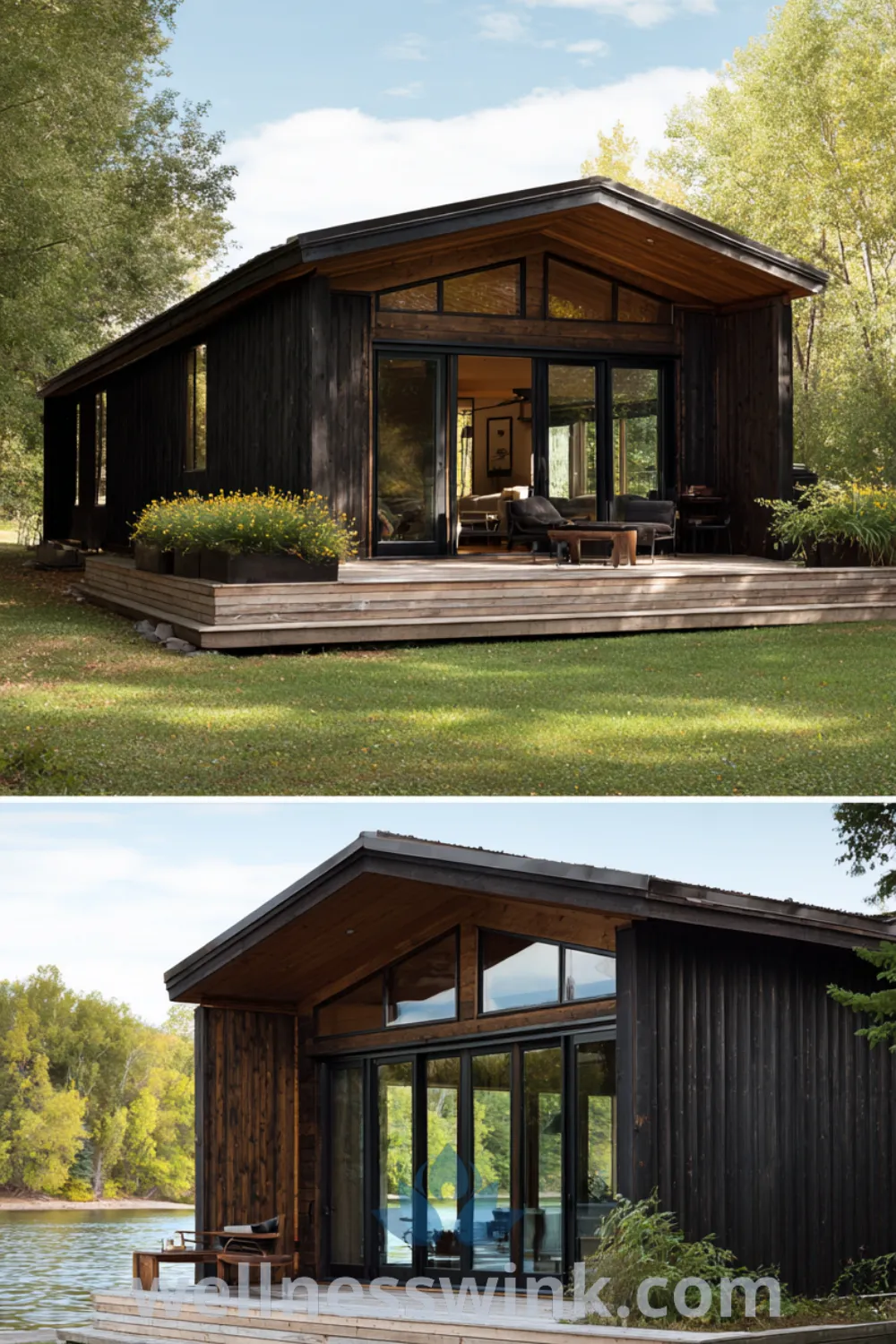 Grand modern barn lakehouse with sliding barn doors, dark wood siding, and a wrap-around deck overlooking the lake.